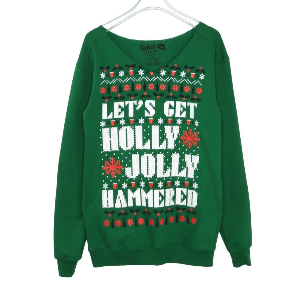 Spencer's Green Let's Get Holly Jolly Hammered Ugly Christmas Sweatshirt Small